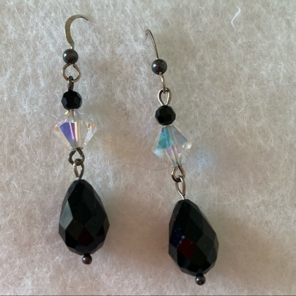 Hand Crafted 925 Silver Black Crystal Beaded Tear Ball Drop Earrings NEW